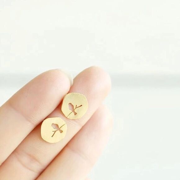 Brushed Gold or Silver Tone Bird on Branch Stud Earrings NWT - Picture 5 of 7